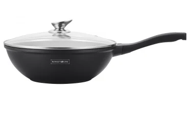 Royalty Line RL-BW32M Wok con rivestimento in marmo e coperchio in vetro, Nero, 32 cm