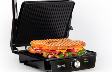 Royalty Line® PG7937 Contact Grill - Panini Grill - Piastra superiore galleggiante - Rivestimento antiaderente - 2000 W - Temperatura regolabile - 30 x 24 cm - Nero/acciaio inossidabile