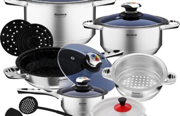 Eisenbach EB-16GN, set di pentole in acciaio inox, 16 pezzi, con indicatore di temperatura, 9 strati, set di pentole con 2 piastre isolanti per tutti i piani cottura